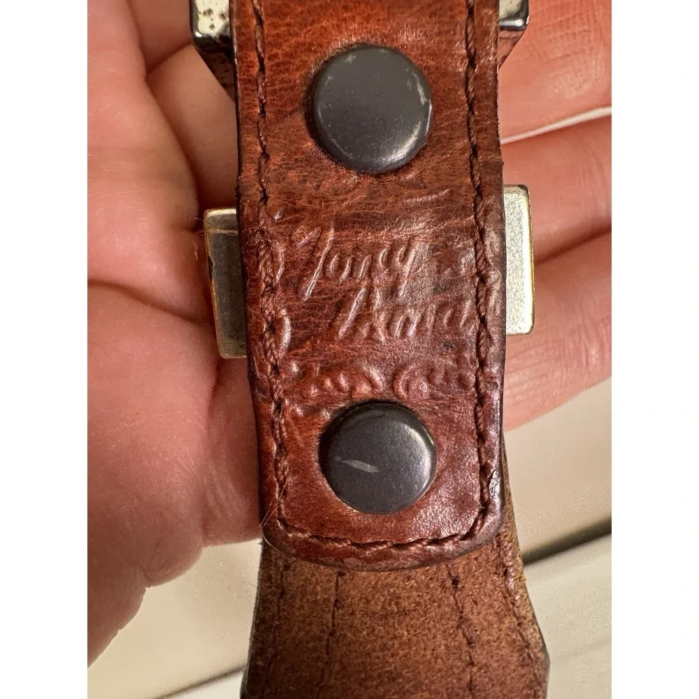 Tony Lama Mens 38 Leather Braided Belt Cognac Engraved Silver Buckle Western Cow